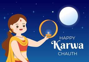 Karwa Chauth Festival Hand Drawn Flat Cartoon Illustration to Start the New Moon by Seeing the Moonrise in November From Wives for Their Husbands vector