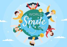 ilustración de dibujos animados dibujados a mano del día mundial de la sonrisa con juventud sonriente y cara de felicidad en un fondo de estilo plano vector