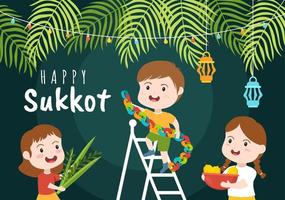 Happy Jewish Holiday Sukkot Hand Drawn Cartoon Flat Illustration with sukkah, etrog, lulav, Arava, Hadas and Decoration Background Design vector