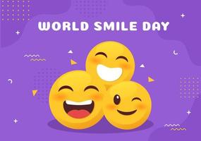 ilustración de dibujos animados dibujados a mano del día mundial de la sonrisa con expresión sonriente y cara de felicidad en un fondo de estilo plano vector