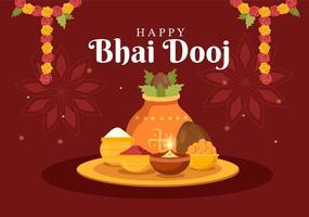 Happy Bhai Dooj Indian Festival Celebration Hand Drawn Cartoon Illustration of Sisters Pray for Brothers Protection with a Dot on His Forehead vector