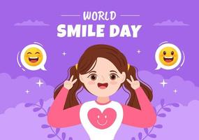 ilustración de dibujos animados dibujados a mano del día mundial de la sonrisa con juventud sonriente y cara de felicidad en un fondo de estilo plano vector