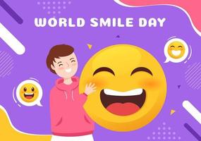 ilustración de dibujos animados dibujados a mano del día mundial de la sonrisa con juventud sonriente y cara de felicidad en un fondo de estilo plano vector