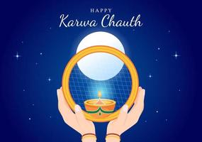 Karwa Chauth Festival Hand Drawn Flat Cartoon Illustration to Start the New Moon by Seeing the Moonrise in November From Wives for Their Husbands vector