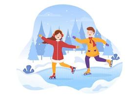 patinaje sobre hielo dibujos animados dibujados a mano ilustración plana de diversión invernal actividades deportivas al aire libre en pista de hielo con ropa de abrigo de temporada vector