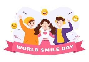 ilustración de dibujos animados dibujados a mano del día mundial de la sonrisa con juventud sonriente y cara de felicidad en un fondo de estilo plano vector