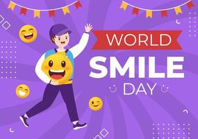 ilustración de dibujos animados dibujados a mano del día mundial de la sonrisa con juventud sonriente y cara de felicidad en un fondo de estilo plano vector