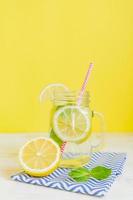 Citrus lemonade water with sliced lemon and mint, healthy and detox water drink in summer on yellow background. Summer bright backdrop with copy space photo