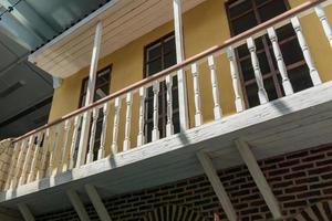 wooden and metal balcony close up photo