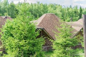 wooden house at the edge of the forest under dramatic sky photo