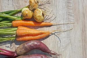 Freshly harvested homegrown organic beetroot, onion and carrot on wooden table. top view, copy space. photo