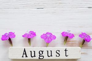 top view of wooden calendar with August sign and pink flowers. photo