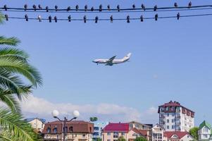 vista al sochi. costa del mar con casas y avión volador bajo un cielo azul foto