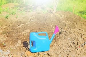 Blue plastic watering can on the ground. Garden equipment photo