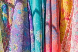 Range of colorful silk scarfs in the shop. photo