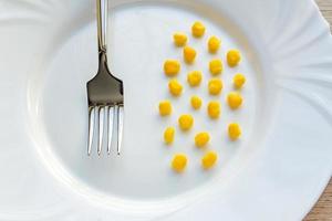 Close up of sweet corn i and steel fork on white plate.