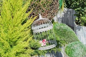 easter eggs in a white decorative bird cage. Outdoors decoration. photo