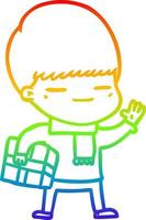 rainbow gradient line drawing cartoon smug boy carrying present vector