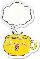 cute cartoon coffee cup and thought bubble as a distressed worn sticker vector