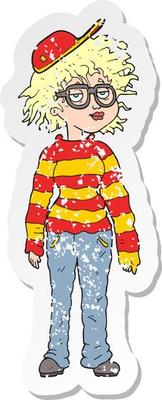 retro distressed sticker of a cartoon geeky girl
