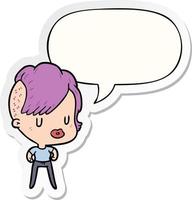 cartoon girl and punk hipster haircut and speech bubble sticker vector