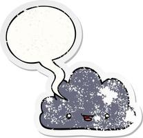 cartoon tiny happy cloud and speech bubble distressed sticker vector