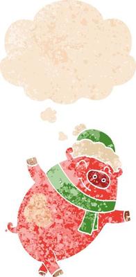 cartoon pig wearing christmas hat and thought bubble in retro textured style