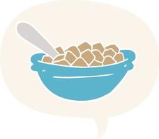 tazón de cereal de dibujos animados y burbuja de habla en estilo retro vector