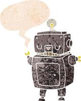 cartoon robot and speech bubble in retro textured style vector