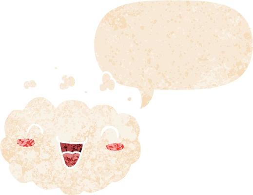 happy cartoon cloud and speech bubble in retro textured style