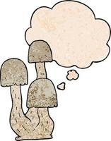 cartoon mushroom and thought bubble in grunge texture pattern style vector