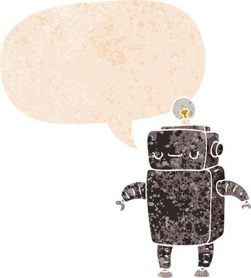 cartoon robot and speech bubble in retro textured style