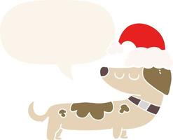 cartoon dog wearing christmas hat and speech bubble in retro style