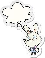 cartoon rabbit shrugging shoulders and thought bubble as a printed sticker vector