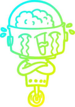 línea de gradiente frío dibujo robot llorando de dibujos animados vector