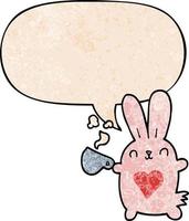 lindo conejo de dibujos animados y amor corazón y taza de café y burbuja de habla en estilo de textura retro vector
