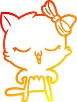 warm gradient line drawing cartoon cat with bow on head vector