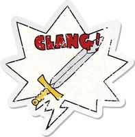 cartoon clanging sword and speech bubble distressed sticker vector