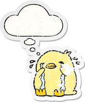 cartoon crying bird and thought bubble as a distressed worn sticker vector