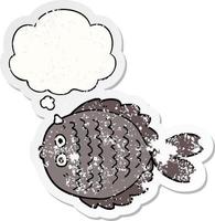 cartoon flat fish and thought bubble as a distressed worn sticker vector