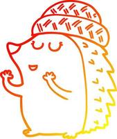 warm gradient line drawing cartoon hedgehog wearing hat vector