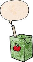 caja de jugo de manzana de dibujos animados y burbuja de habla en estilo de textura retro