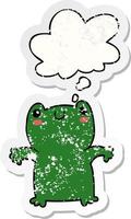 cartoon frog and thought bubble as a distressed worn sticker vector