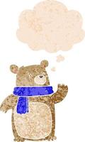 cartoon bear wearing scarf and thought bubble in retro textured style vector