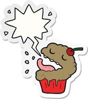 funny cartoon cupcake and speech bubble sticker vector