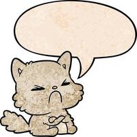 cute cartoon angry cat and speech bubble in retro texture style vector