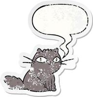 cartoon cat looking right at you and speech bubble distressed sticker vector