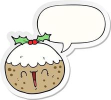 cute cartoon christmas pudding and speech bubble sticker vector