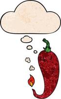 cartoon hot chili pepper and thought bubble in grunge texture pattern style vector