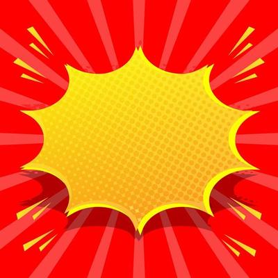 blank yellow speech bubble with starburst shape on red sunburst pattern background